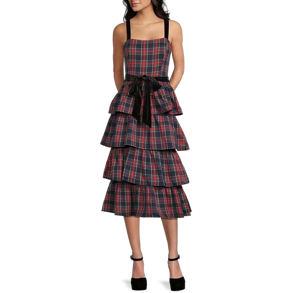Allison Kelly Dress Smocked Plaid Womens L Sleeveless Black/Red Velvet Straps